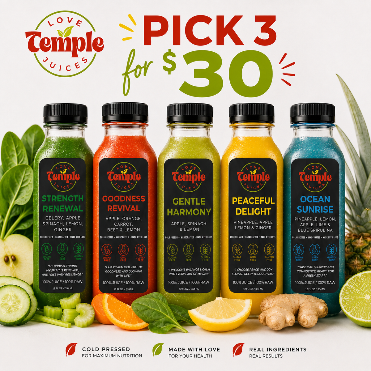 Temple Love cold-pressed juices, mix and match 3 for $30